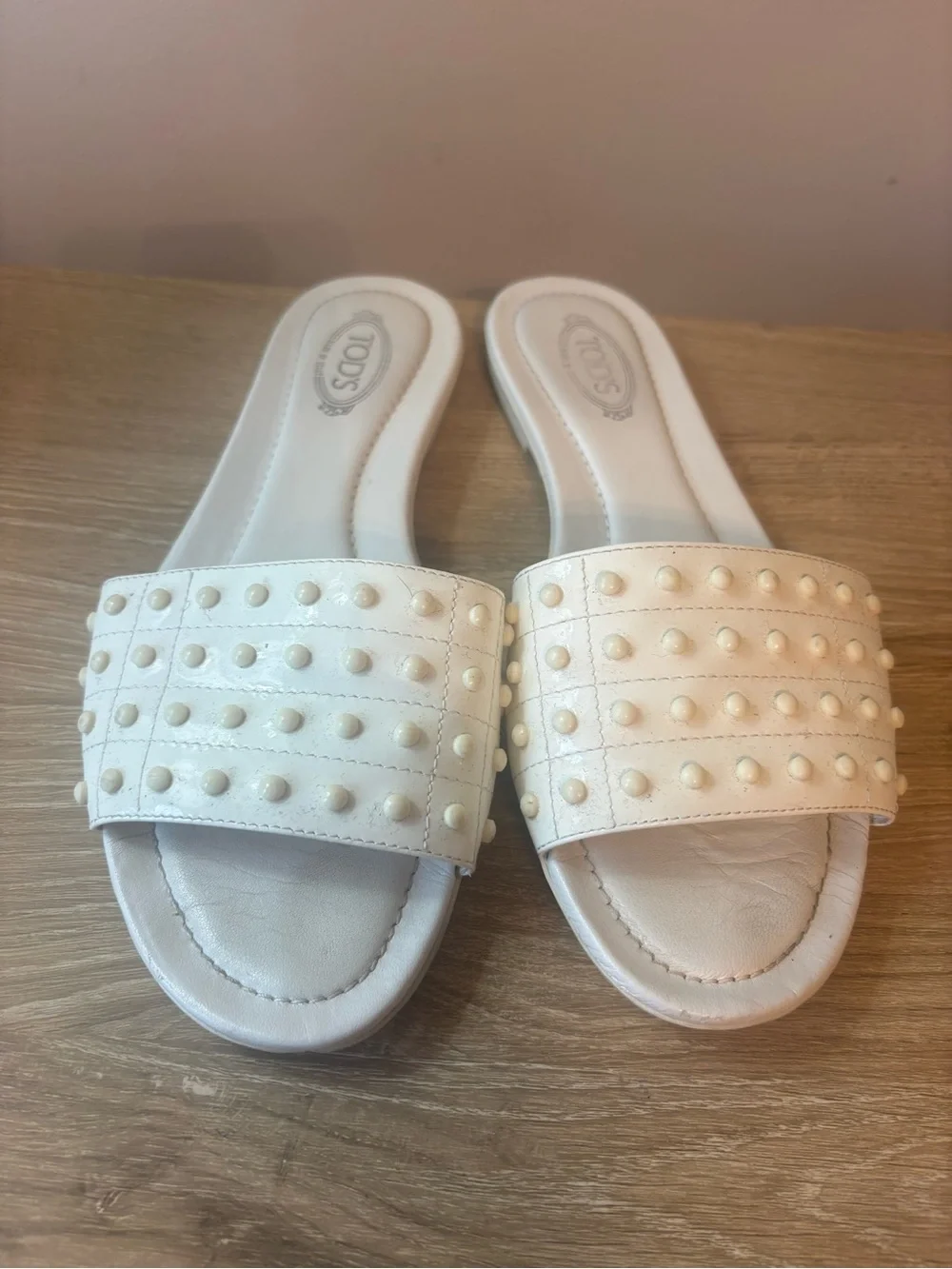 Tod’s White Patent Leather Gommino Stud Slide Sandals Women’s EU 37.5